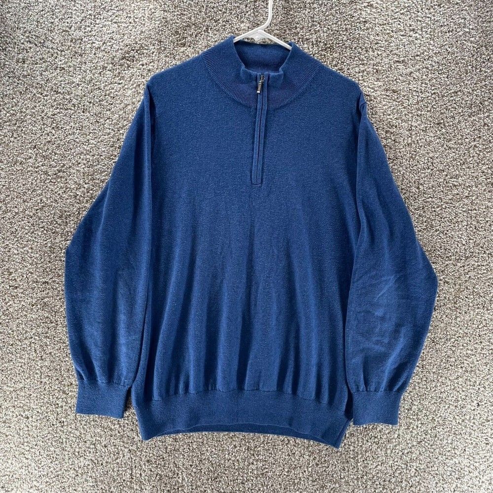 LL Bean Sweater Mens Large Blue Quarter Zip Pullover Cotton Knit Outdoors Preppy